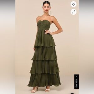 Lulus Seriously Sensational olive green Strapless Tiered Maxi Dress XL